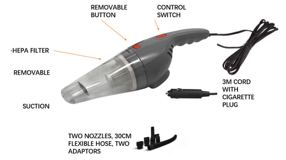 এক বছরের ওয়ারেন্টি সহ DC12V পোর্টেবল কার ভ্যাকুয়াম ক্লিনার HEPA ফিল্টার